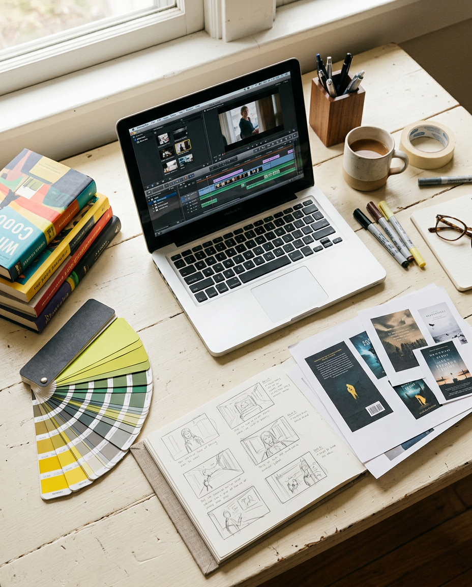 A tidy creative studio desk with books, printed proofs and a laptop in soft daylight