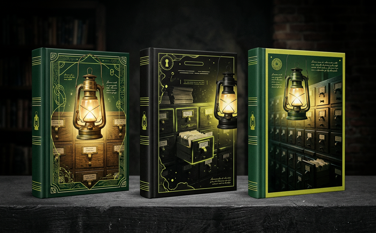 Three mystery novel covers with lantern motifs standing upright under a spotlight
