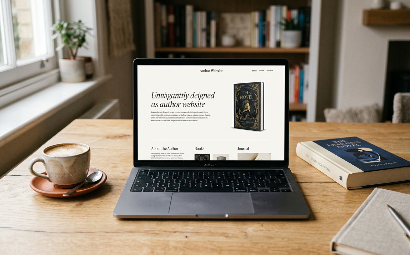 Laptop showing a minimal author website