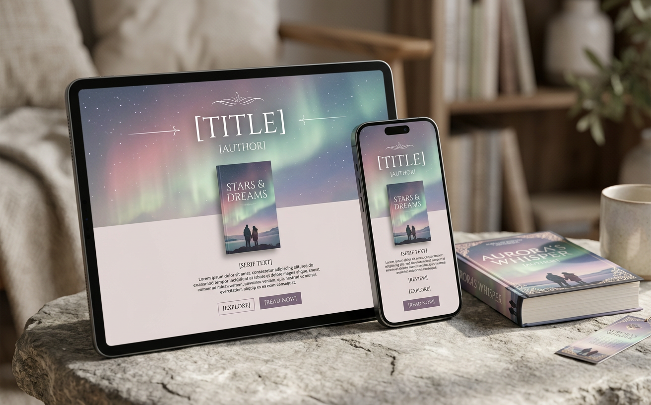 Tablet and smartphone displaying a romance book landing page with a soft northern lights sky