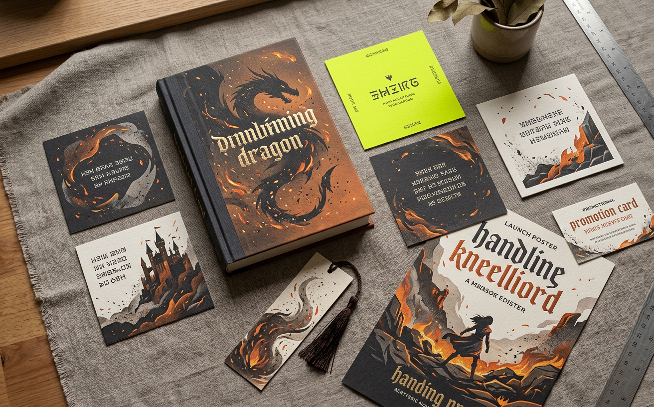 Flat lay of a fantasy book launch kit with ember-toned hardcover, social cards, bookmark and poster