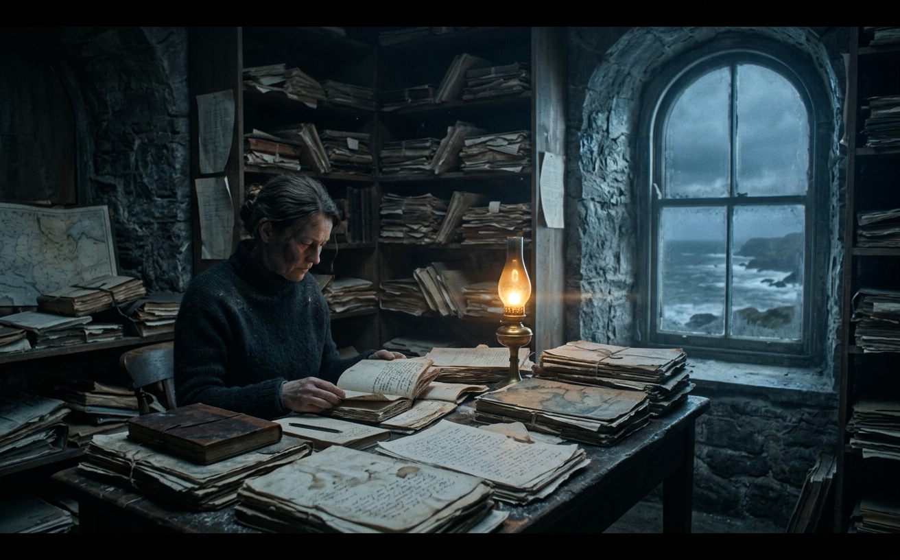 Cinematic still of a dim lighthouse archive room with salt-stained papers lit by a single lamp