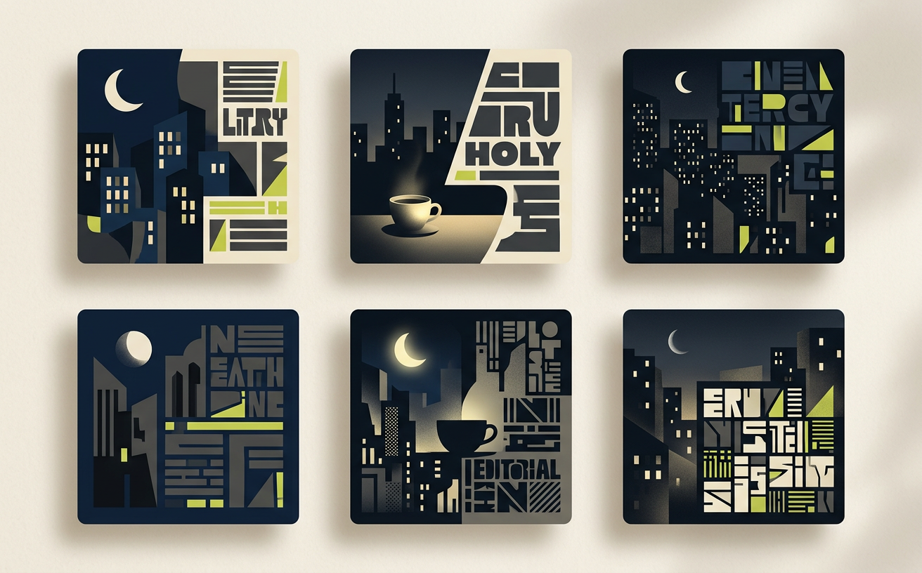 Grid of six square social graphics in midnight blue and cream with small lime accents